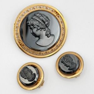 Vintage Hematite Cameo Intaglio Brooch And Clip On Earrings Set W German Style